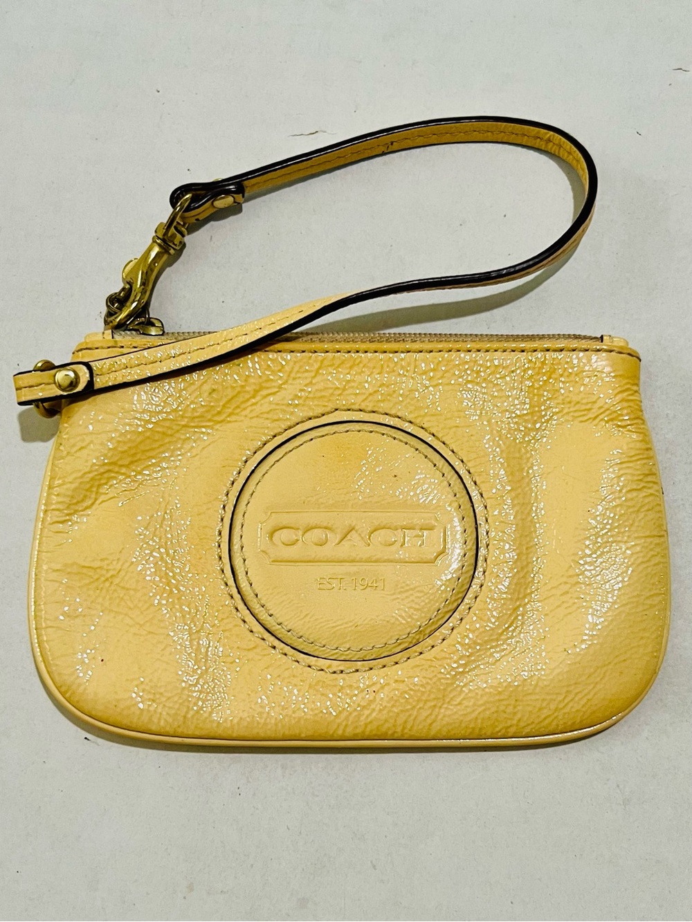 COACH Yellow Patent Leather Wristlet with Embossed Logo